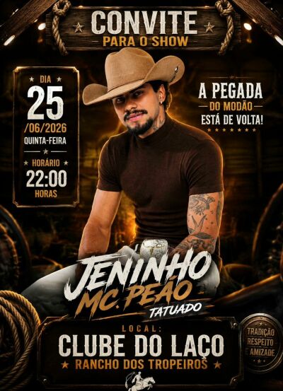 Imagem da notícia Faltam 3 dias: Estadual de Laço de Figueirão terá Jeninho MC Peão e R$ 60 mil em prêmios